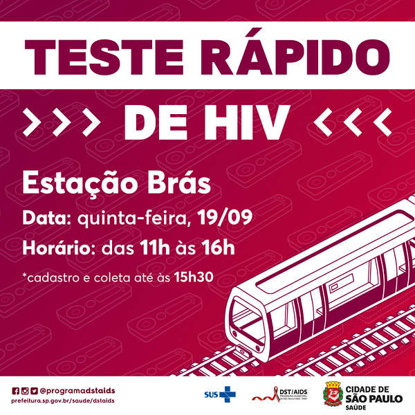 #PraCegoVer: Imagem com cor de fundo vermelho, no canto inferior direito, desenho de um trem. Pequeno texto dizendo: Teste rápido de HIV na estação brás Quinta feira 19/09 das 11h às 16h